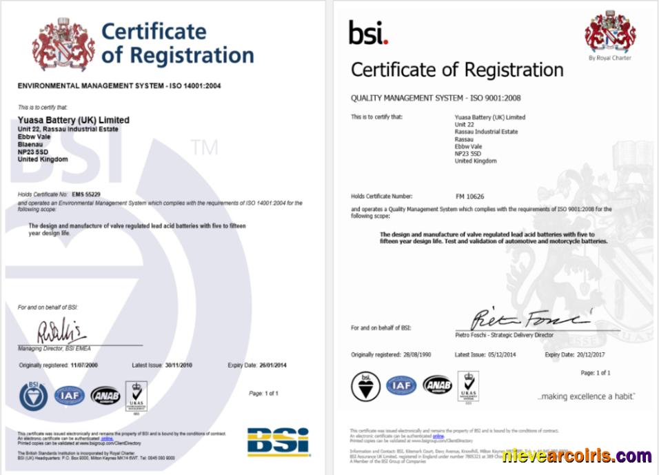 UK BSI certificate of registration